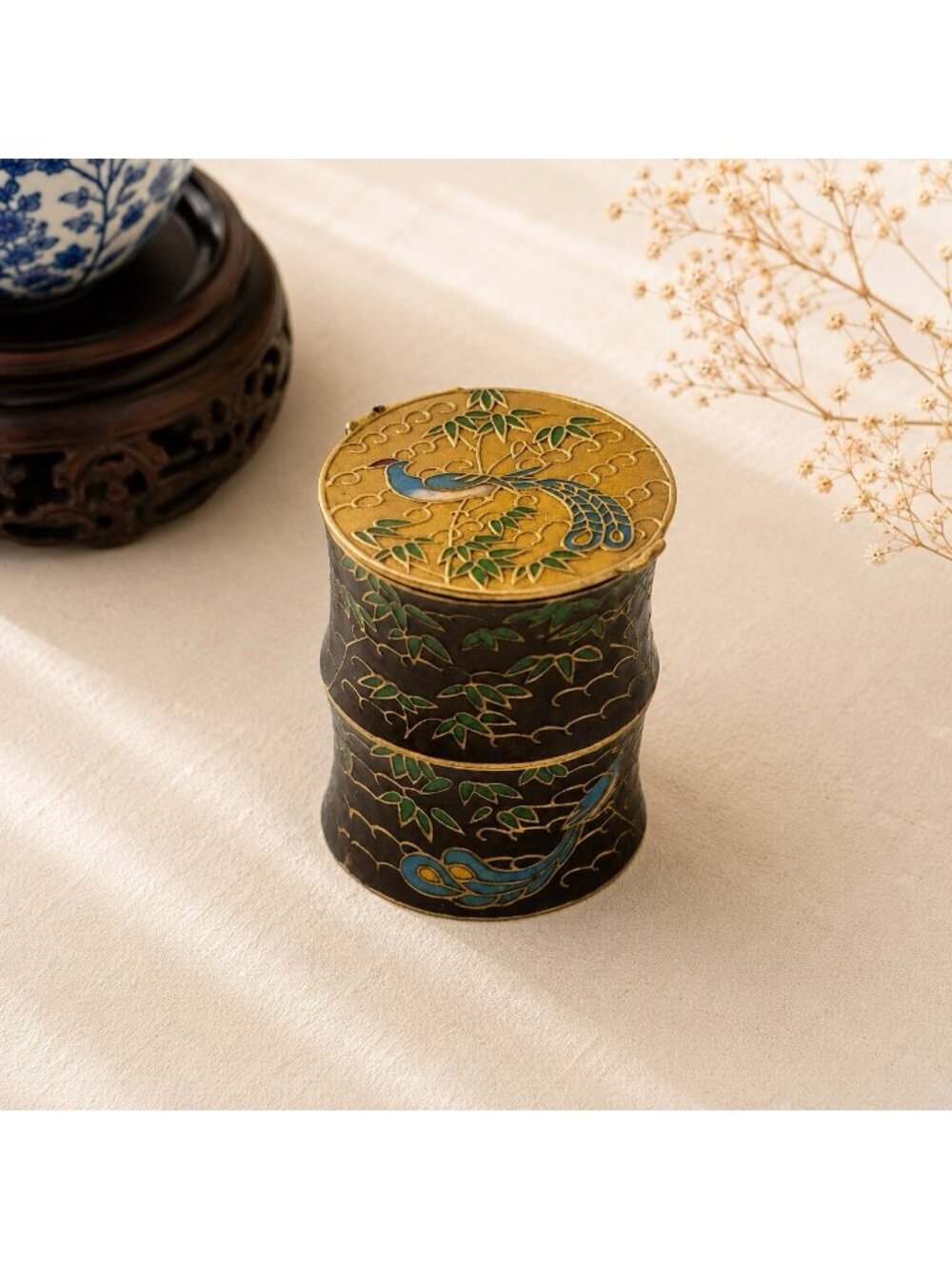 Vintage Chinese Peacock Cloisonne' Brass Enamel Snuff Trinket Box Hinge Oriental